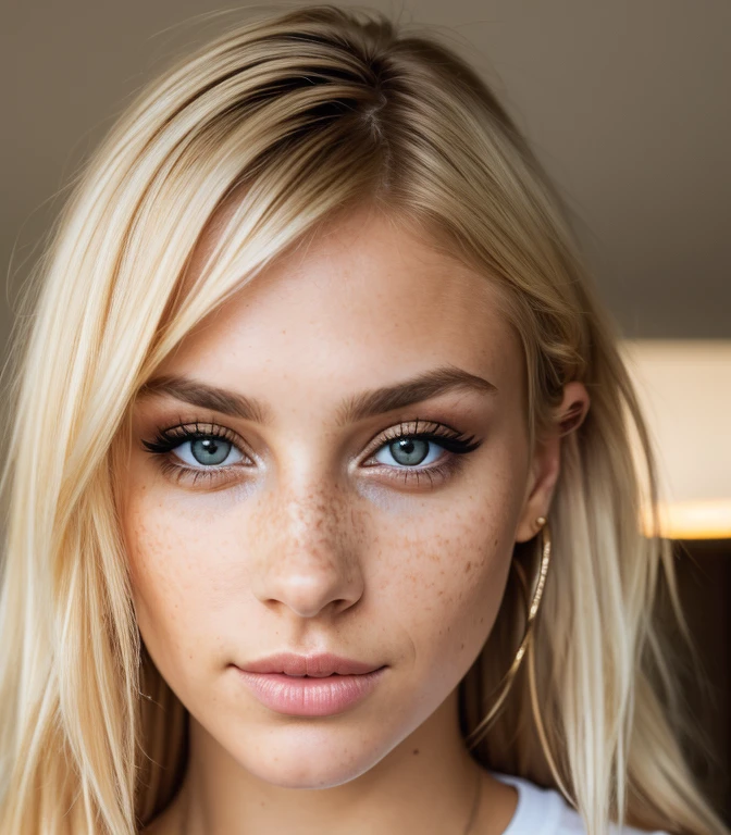 photo,8k,sharp focus,beautiful woman,close up,t-shirt,(detailed eyes:0.8),(looking at the camera:1.4),(highest quality), photorealistic, (best eyeshadow),brown eyes,rim lighting,two tone lighting,dimly lit,low key,intricate details,interior, blonde hair:1.3,freckles