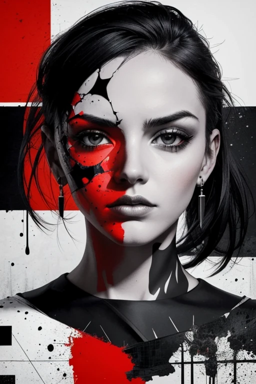 A bold portrait of a beautiful woman, mixed media, fusion, collage, digital artwork, color palette of black, white, shades of gray, red splashes, red color pop, flat, fragmented, chaos, complex, overlapping textures and elements, gritty, urban, dynamic, contrast, striking, sense of symmetry, pop art, punk collage, grunge