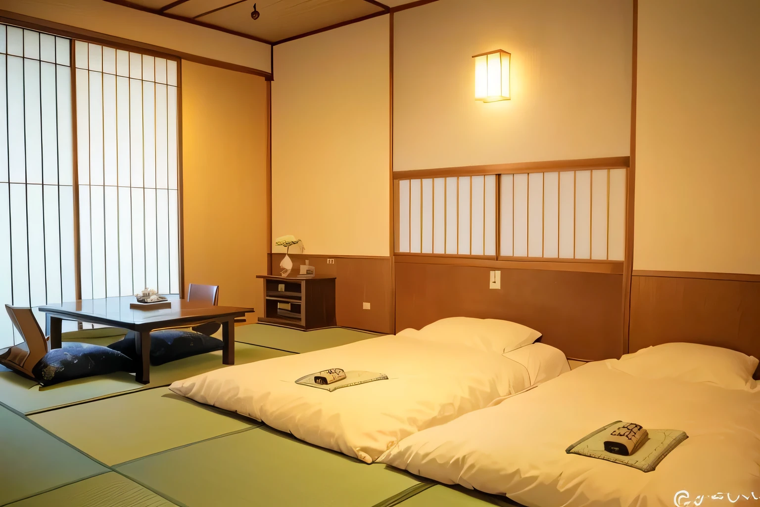 there are two beds in a room with a table and a window, traditional japanese, in a japanese apartment, tatami galaxy, japanese style, japanese house, high-end onsen, ryokans and edo era houses, whole room, by Gusukuma Seihō, cozy and peaceful atmosphere, bed room, sen no rikyu, modern japanese living room