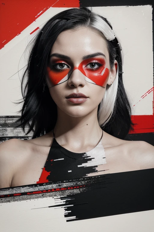 A bold portrait of a beautiful woman, mixed media, fusion, collage, digital artwork, color palette of black, white, shades of gray, red splashes, red color pop, flat, fragmented, chaos, complex, overlapping textures and elements, gritty, urban, dynamic, contrast, striking, sense of symmetry, pop art, punk collage, grunge