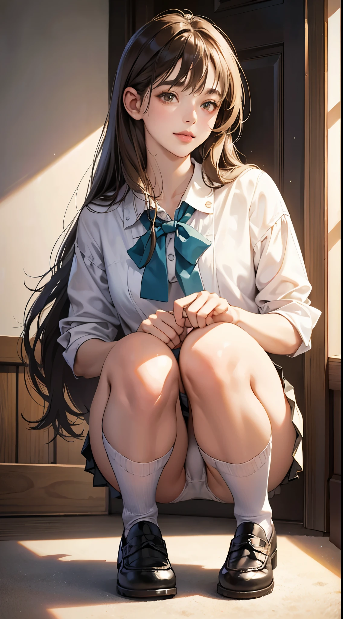 Realistic, Lip gloss, Realistic, highest quality, Ultra-high resolution, depth, pastel colour, Natural Shadows, Focus on the face, Just a face, Looking at the audience, Long Hair, Brunette Hair, Brown, narrow eyes, (masterpiece, highest quality), 1 girl, alone, from the front,
(shut up), smile, Lips parted,
Shiny skin, Thick thighs, White panties,
, Serap, Pleated skirt, loafers, Black socks, squat, indoor, Looking at the audience, Anatomically correct