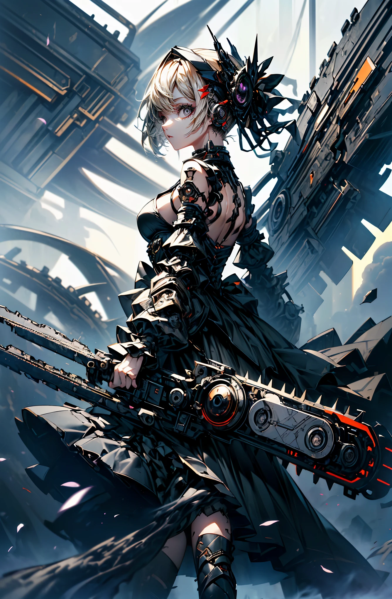 super high quality、8K quality、High resolution、Image quality captured with a single-lens reflex camera、(SFW)、Perfect Anatomy、(1. The theme is a gothic punk girl in a black dress）Beautiful blonde 20 year old girl.Orange eyes、(Good shape、Normal chest、Cleavage)、(Black mechanical parts for arms and legs、Three-dimensional, realistic mechanical parts)(Mechanical parts wing on the back)(Equipped with a chainsaw:1.2)break、（Perfect Anatomy:1.4）break(Back view、Looking back、avert your eyes:1.3)Petals fluttering(A battlefield of rising smoke、Twilight Girl:1.5)