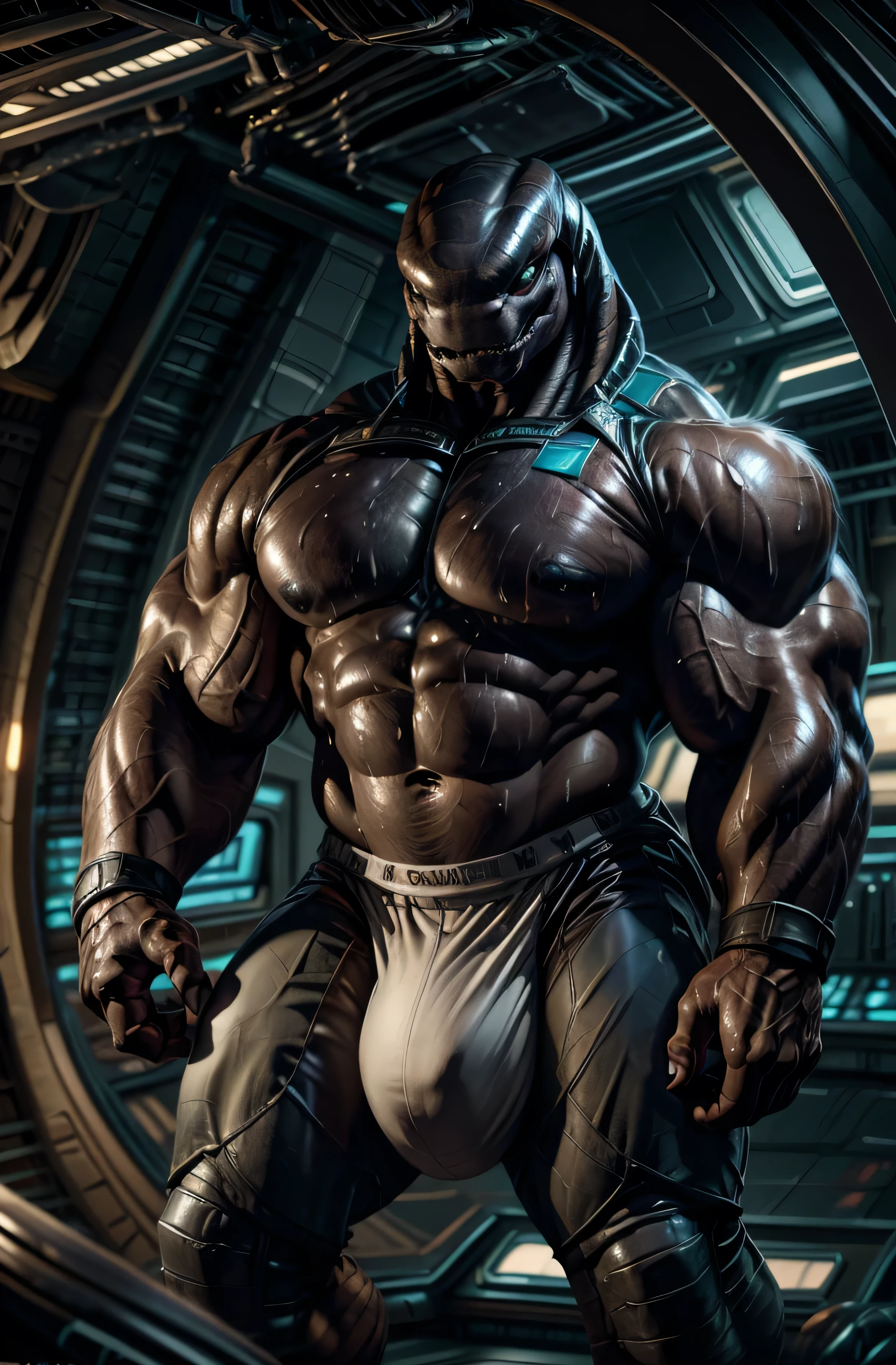 (by chunie, by mystikfox61, by darkgem), solo, male, muscular, giant, massive, enormous, gigantic, buff, biceps, smirking, sangheili, Spaceship bridge, plants, dramatic lighting, sweat, working, military spacesuit, large bulge, 