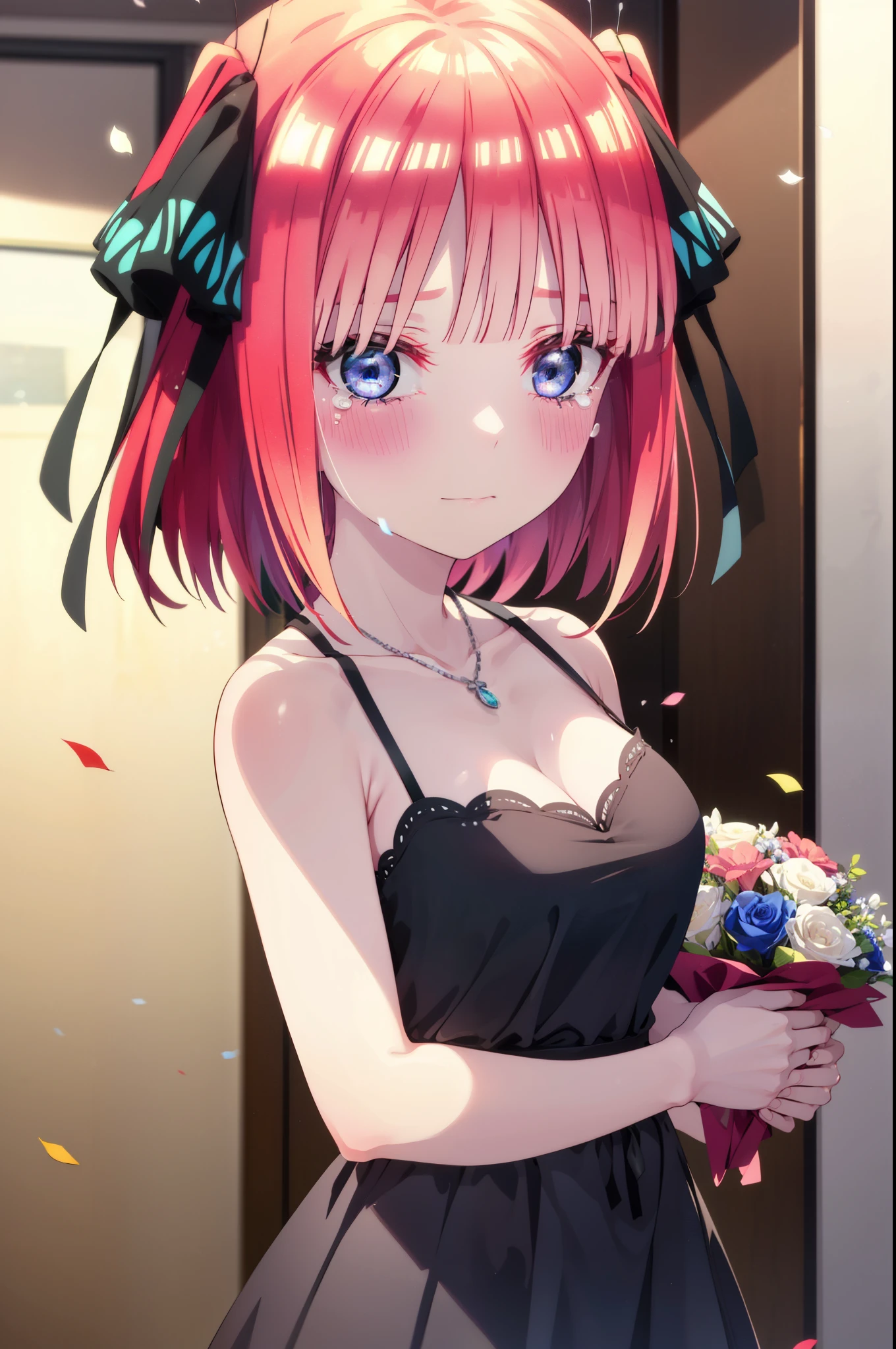 I was silent, Nino Nakano, short hair, bangs, blue eyes, hair ornaments, Hair Ribbon, Pink Hair, blunt bangs, Both sides up, butterfly hair ornaments,smile,blush,Black sleeveless dress,Long skirt,Black Pin Heels,Bare arms,Bare arms,Bare neck,bare clavicle,Holding a bouquet in both hands,Locket Necklace,Confetti,There is a birthday cake on the table,Tears stream down her face,Sad and crying,I cry a lot,It&#39;s as if your whole body is in the illustration.,
break indoors, on stage,venue,
break looking at viewer, (Cowboy Shot:1.5),
break (masterpiece:1.2), highest quality, High resolution, unity 8k wallpaper, (shape:0.8), (Beautiful details:1.6), Highly detailed face, Perfect lighting, Highly detailed CG, (Perfect hands, Perfect Anatomy),