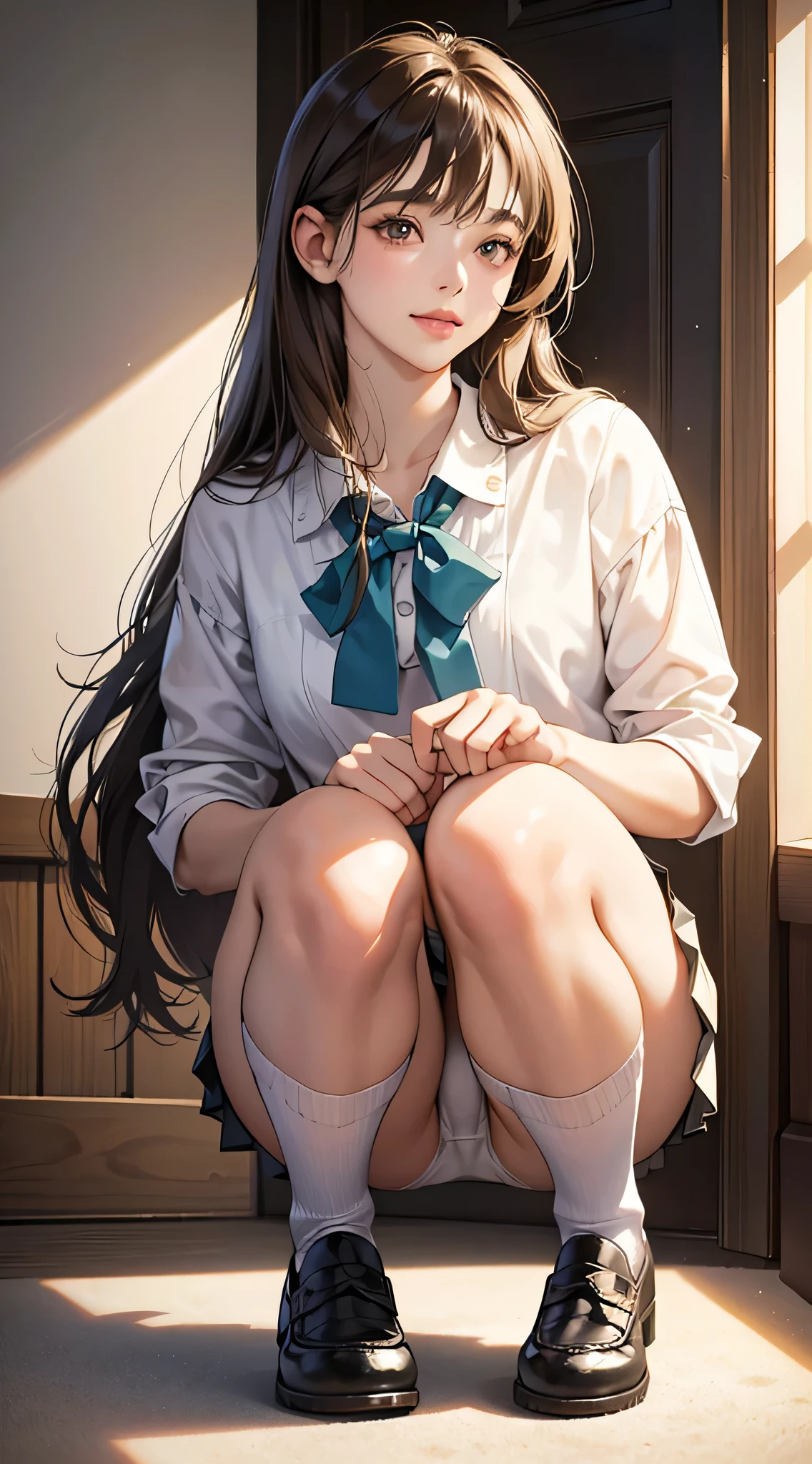 Realistic, Lip gloss, Realistic, highest quality, Ultra-high resolution, depth, pastel colour, Natural Shadows, Focus on the face, Just a face, Looking at the audience, Long Hair, Brunette Hair, Brown, narrow eyes, (masterpiece, highest quality), 1 girl, alone, from the front,
(shut up), smile, Lips parted,
Shiny skin, Thick thighs, White panties,
, Serap, Pleated skirt, loafers, Black socks, squat, indoor, Looking at the audience, Anatomically correct
