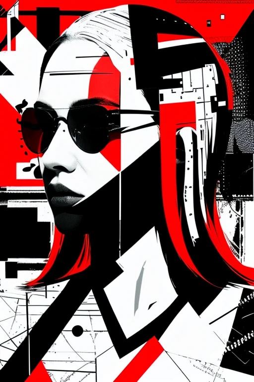 A bold portrait of a beautiful woman, mixed media, fusion, collage, digital artwork, color palette of black, white, shades of gray, red splashes, red color pop, flat,   fragmented, chaos, complex, overlapping textures and elements, gritty, urban,  dynamic, contrast, striking, sense of symmetry, pop art, punk collage, grunge