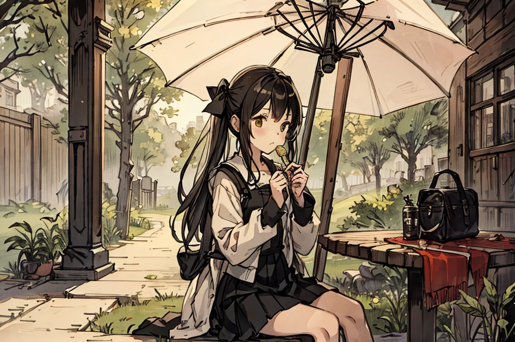 1girl, sitting eating at noon, under an umbrella. spring, seasonal style, full shot