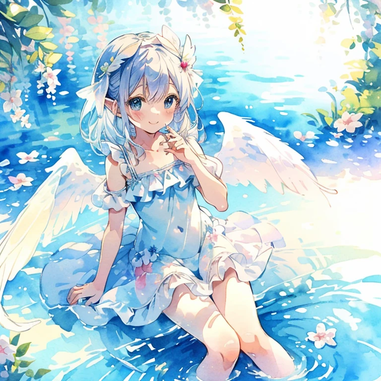 Park, cute moe angel girl, calm, (healing), sitting on bench, resting, watercolor, (cute 6 year old girl), long eyelashes, attractive and sparkling big eyes, ((cute swimsuit dress with lots of ribbons, lace and frills)), ((angel wings on back, angel ring on head)), big smile. ((watercolor style, moe anime textures)), world full of magical light, ((cute)), gentle, healing, magical fantasy, (((top quality, highest image quality))),