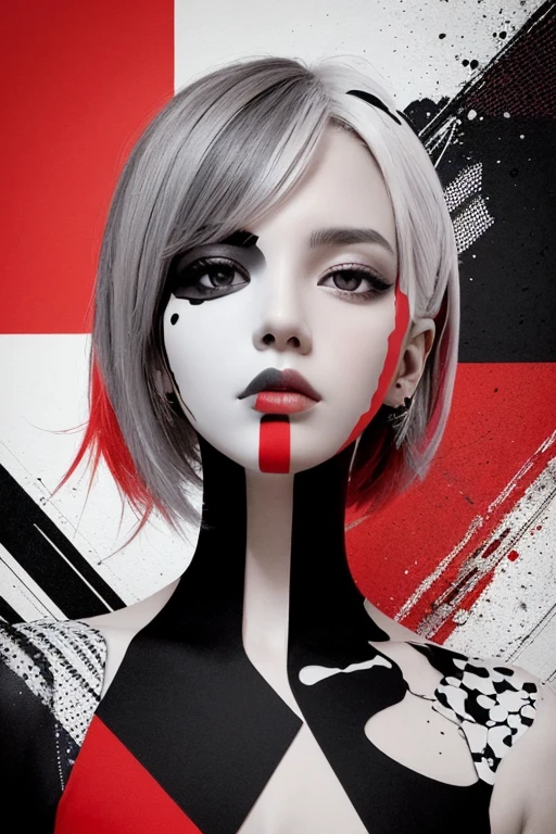 A bold portrait of a beautiful woman, mixed media, fusion, collage, digital artwork, color palette of black, white, shades of gray, red splashes, red color pop, flat,   fragmented, chaos, complex, overlapping textures and elements, gritty, urban,  dynamic, contrast, striking, sense of symmetry, pop art, punk collage, grunge