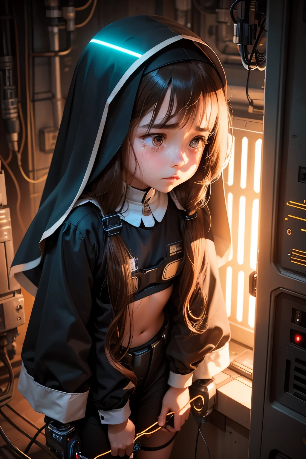 small  girl, long brown hair, sad crying face, half mechanical face mechanical jaw, cyborg arm, cyborg leg, body connected to machines, power wires, blue light , nun's , bra , hands praying .