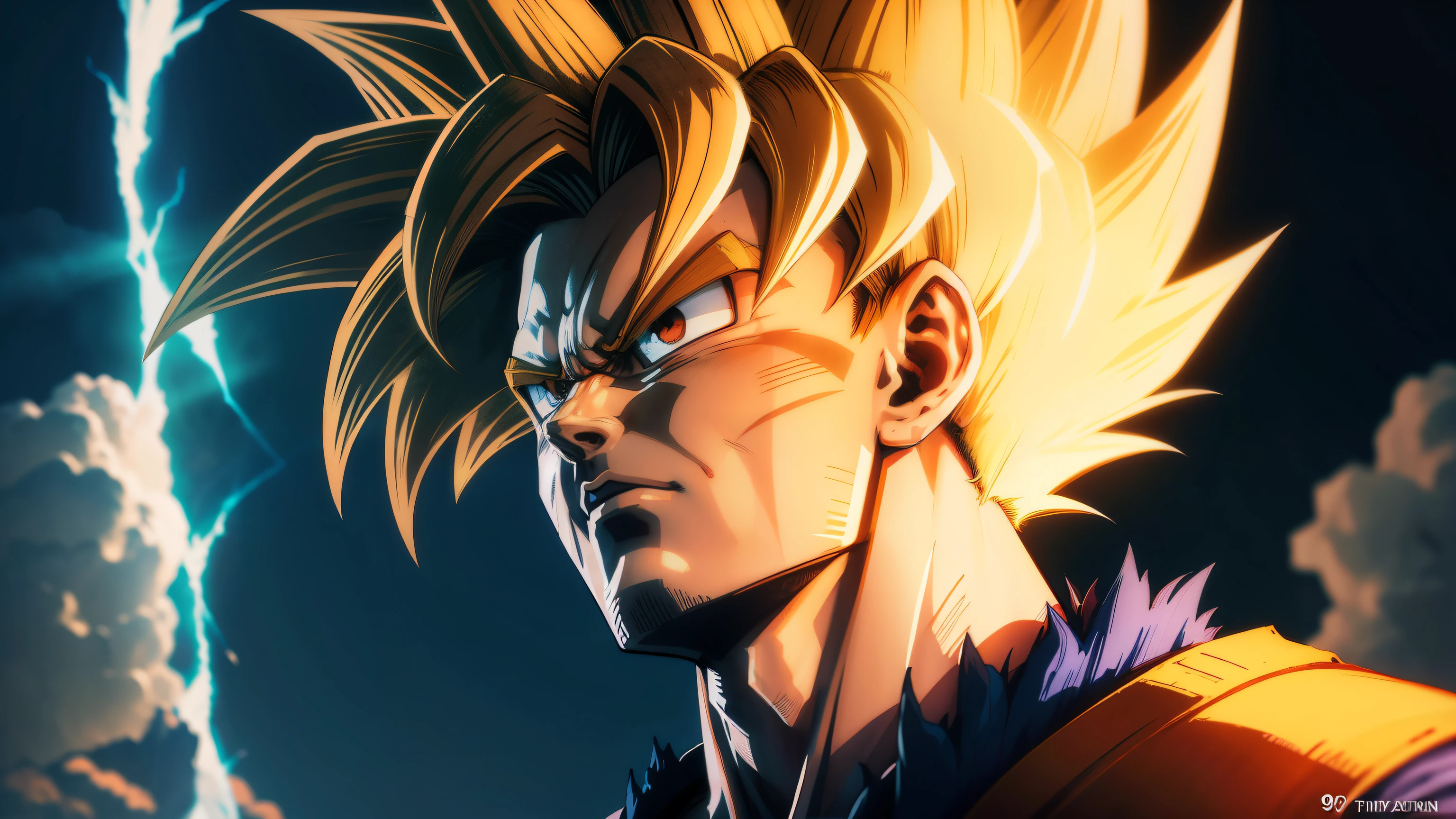 Son goku super sayajin looking up, serious face. aura of power. Muscles. soft light. digital art. traces of 90's anime. Torn clothes. Face defined