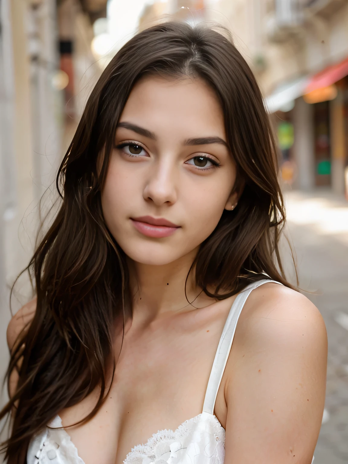 Photo of a 21 year old brunette woman Alessia Bianchi, who has a very natural face, thin lips, thin eyes, thin eyebrows, thin nose,long eyelashes,full body shot.