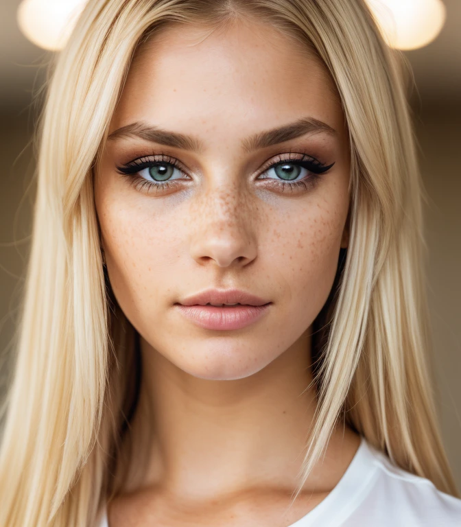 photo,8k,sharp focus,beautiful woman,close up,t-shirt,(detailed eyes:0.8),(looking at the camera:1.4),(highest quality), photorealistic, innocent, (best eyeshadow),brown eyes,rim lighting,two tone lighting,dimly lit,low key,intricate details,interior, blonde hair:1.3,freckles