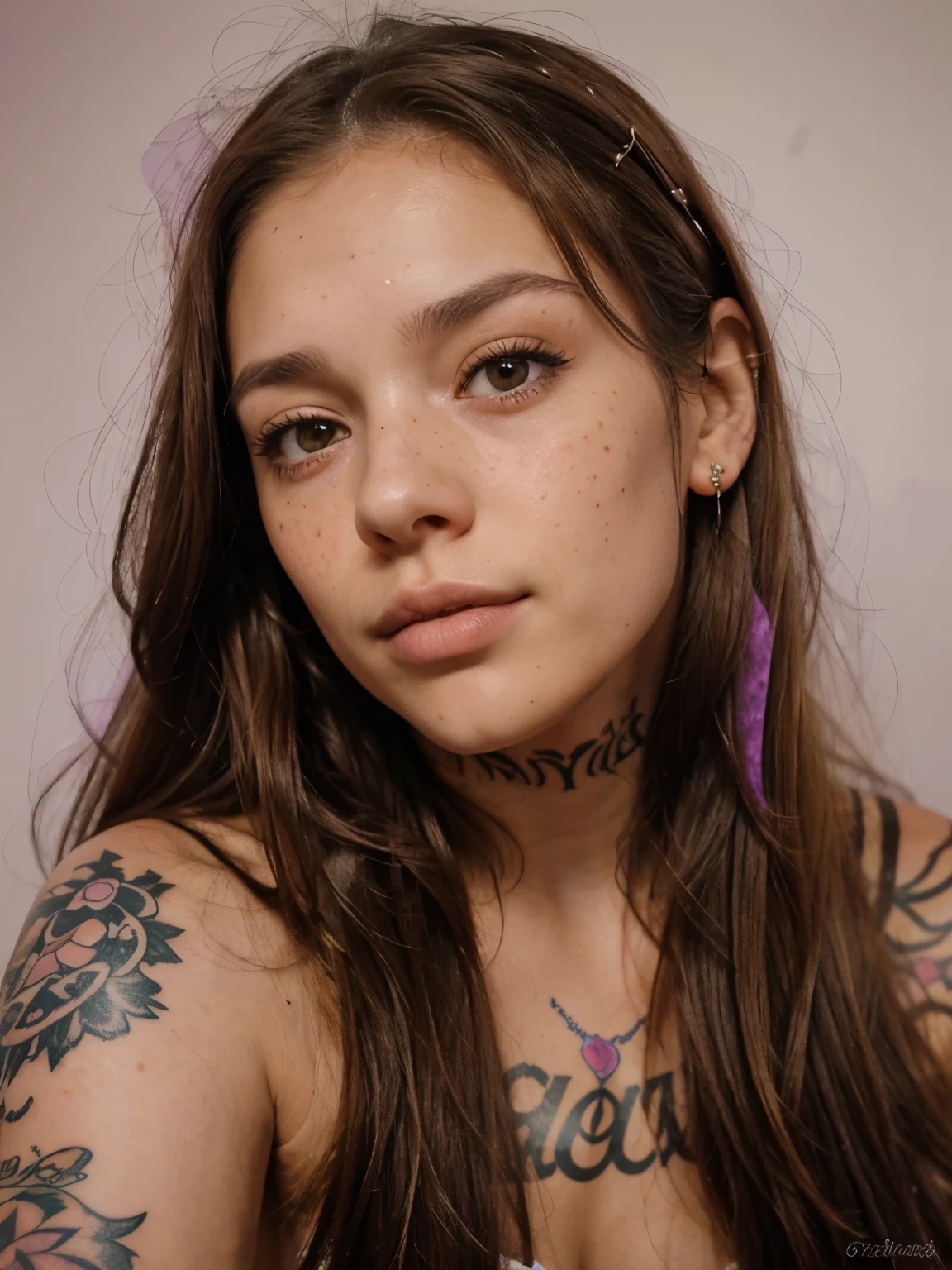 uma  com 22 anos, long brown hair with lilac highlights, olhos castanhos esverdeados, boca e bochecha rosadas, with some scattered freckles and a piercing in the mouth and some tattoos on the Brazilian arm