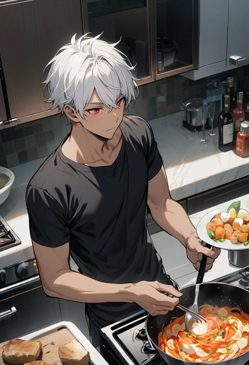 Handsome, solo, 1 male, short hair, white platinum hair, red eyes, black shirt,  light tan skin, cooking food, 