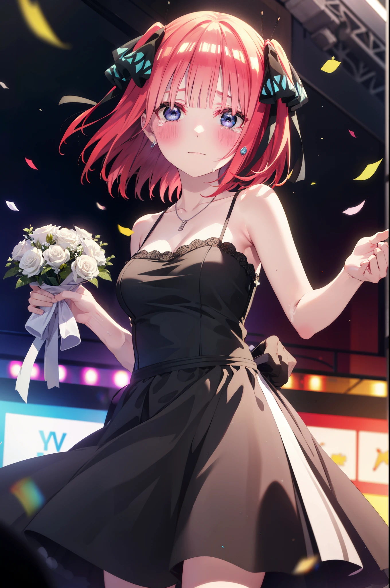 I was silent, Nino Nakano, short hair, bangs, blue eyes, hair ornaments, Hair Ribbon, Pink Hair, blunt bangs, Both sides up, butterfly hair ornaments,smile,blush,Black sleeveless dress,Long skirt,Black Pin Heels,Bare arms,Bare arms,Bare neck,bare clavicle,Holding a bouquet in both hands,Locket Necklace,Confetti,There is a birthday cake on the table,Tears stream down her face,Sad and crying,I cry a lot,It's as if your whole body is in the illustration.,
break indoors, on stage,venue,
break looking at viewer, (Cowboy Shot:1.5),
break (masterpiece:1.2), highest quality, High resolution, unity 8k wallpaper, (shape:0.8), (Beautiful details:1.6), Highly detailed face, Perfect lighting, Highly detailed CG, (Perfect hands, Perfect Anatomy),