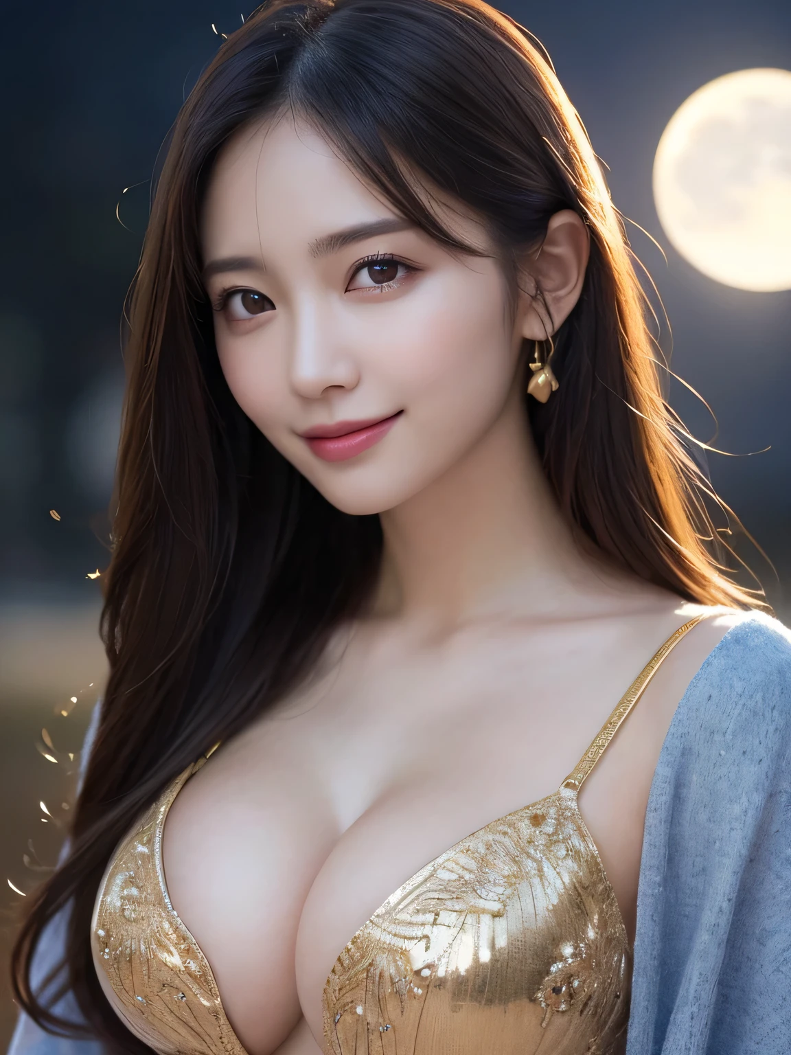Kimono beauty, body portrait, 8k, thin and beautiful eyes, Dindal effect, masterpiece, top quality, high quality, high resolution, very detailed photo, (natural skin texture, fine skin, hyper realism, super sharpness) , high detail skin, (very fine, fine skin texture, intricate details, beautiful face, (real-like face), realistic eyes, beautifully detailed eyes, realistic skin, beautiful skin, surreal, Highly detailed, golden ratio, smiling eyes, ((night moonlight background)), body portrait, G cup, big breasts, huge breasts, big breasts, glamorous, shiny bodysuit