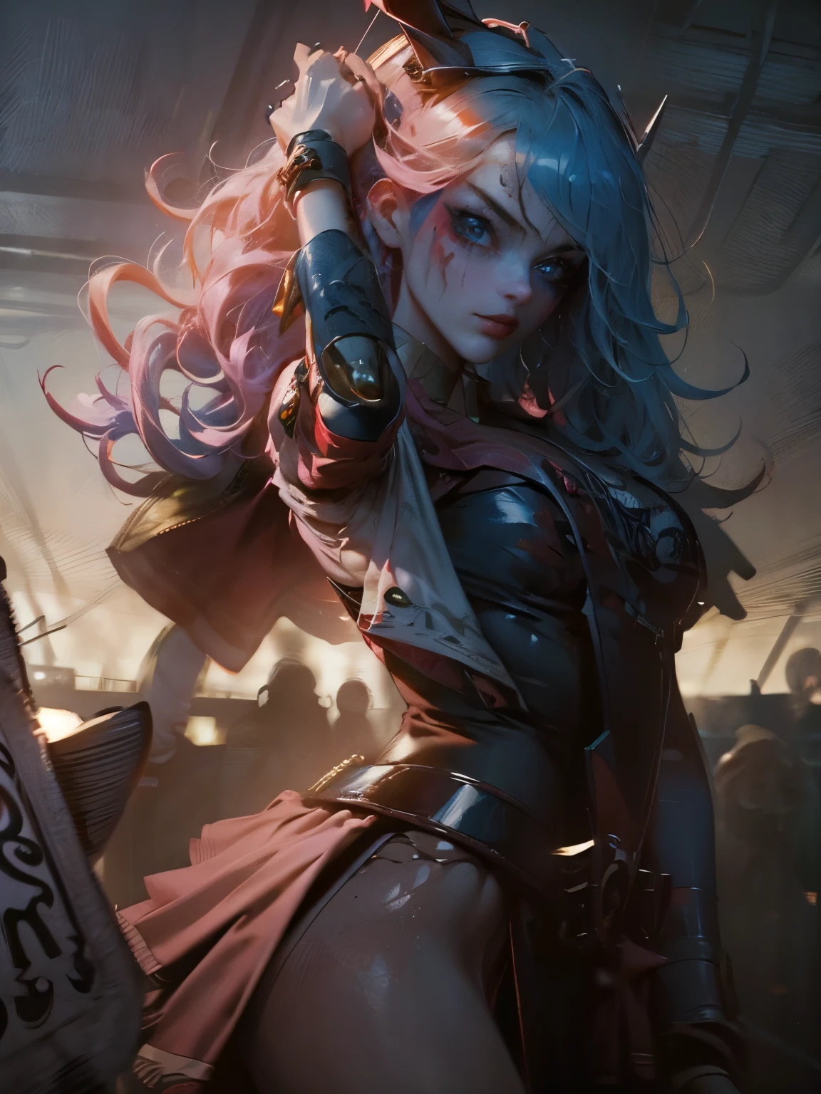 Hermosa y sensual dark magician gils vestida como Harley Quinn. pelo rojo y azul. Labios rojos. Ojos azules. Pose sensual y amenazadora. love explanation background.