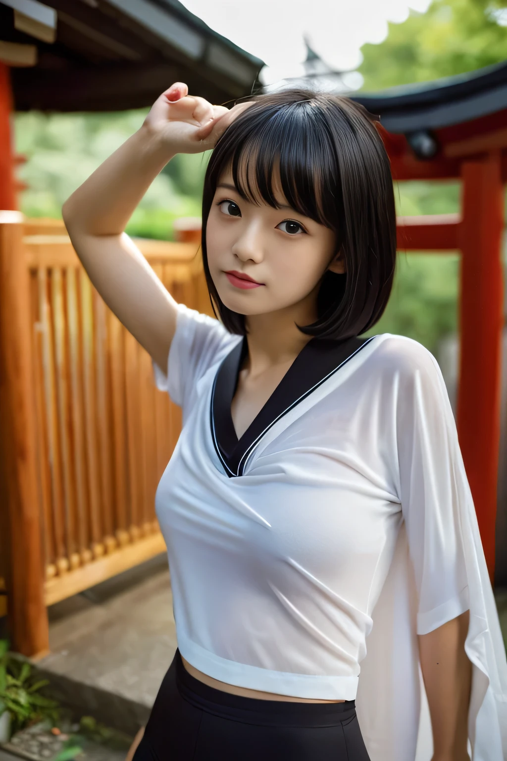 one woman,shirt,thong,spread legs,posing,,plump body,cute face,beautiful face,double eyelid,glare at,short hair,black hair,black eyes,from below,evening,shinto shrine,mysterious,high quality,photorealistic,japanese,beautiful woman,boyish,gravure,fashionable,fashion model