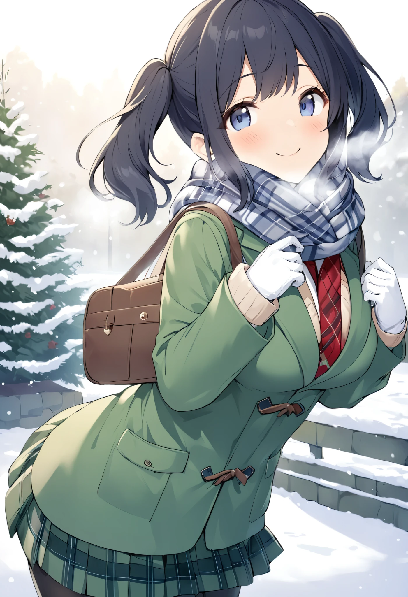 {highest quality}, {so beautiful}, {Very detailed}, {Best illustrations}, girl,garden,Blue black hair,((Twin tails)),medium hair,Leaning forward,Outdoor,((smile)),((winter clothes  school uniform)),Green skirt with check pattern,school bag,winter,Snow Scene,Snowfall,blazer,plaid scarf,Fur Glovess,((white breathing)),Duffle coat,tights,loafers,Gloves,(vapor),large breasts:1.2,((solo))