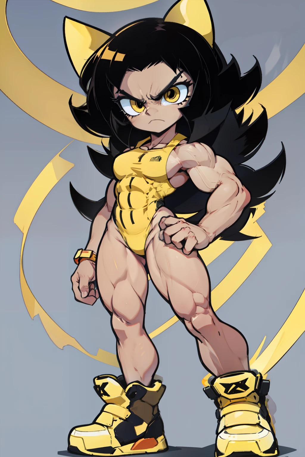 1 girl pale skin black hair yellow eyes long hair angry muscular toned body bodybuilder curvy wide hips thick thighs (full body) solo solo solo solo