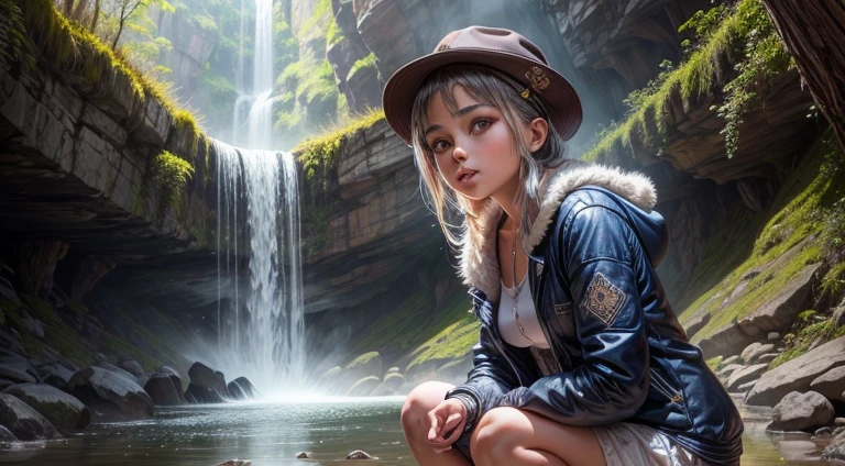 create a mystical drawing, um monge, com vestes largas. em perspectiva, cachoeira caldalosa