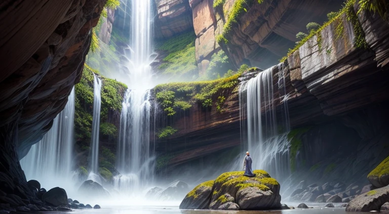 create a mystical drawing, um monge, com vestes largas. em perspectiva, cachoeira caldalosa
