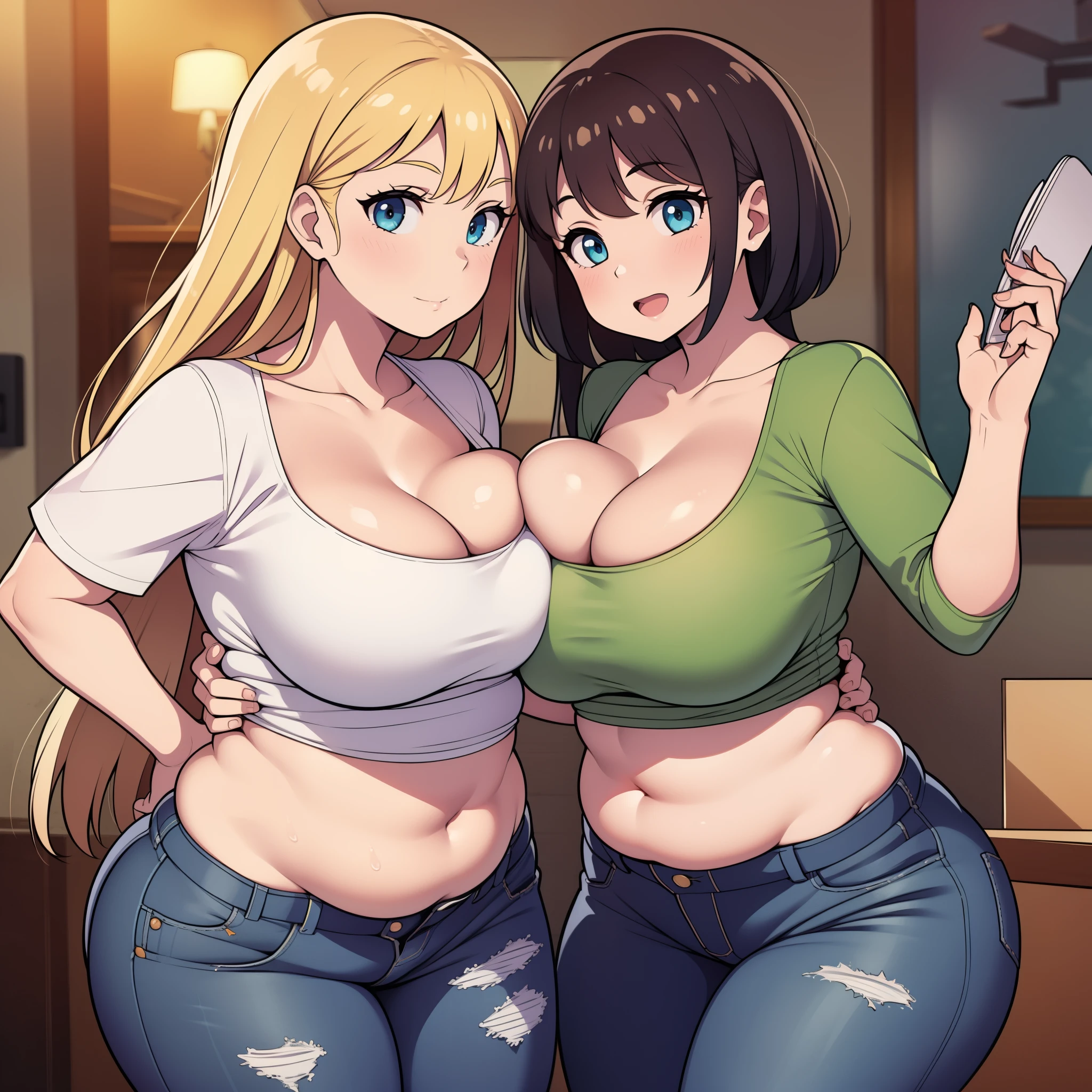 ((highres)), Masterpiece, high quality, best quality, beautiful, perfect lighting, detailed face, ultra cute face, ((2girls)), blush, one girl has blonde hair, blue eyes, crop top and shorts, one girl has brown hair, green eyes, jeans, white shirt, fast food restaurant, cleavage, medium breasts, ((wide hips)), (thick thighs), ((chubby)), chubby belly, fat folds, touching each other, breast bump