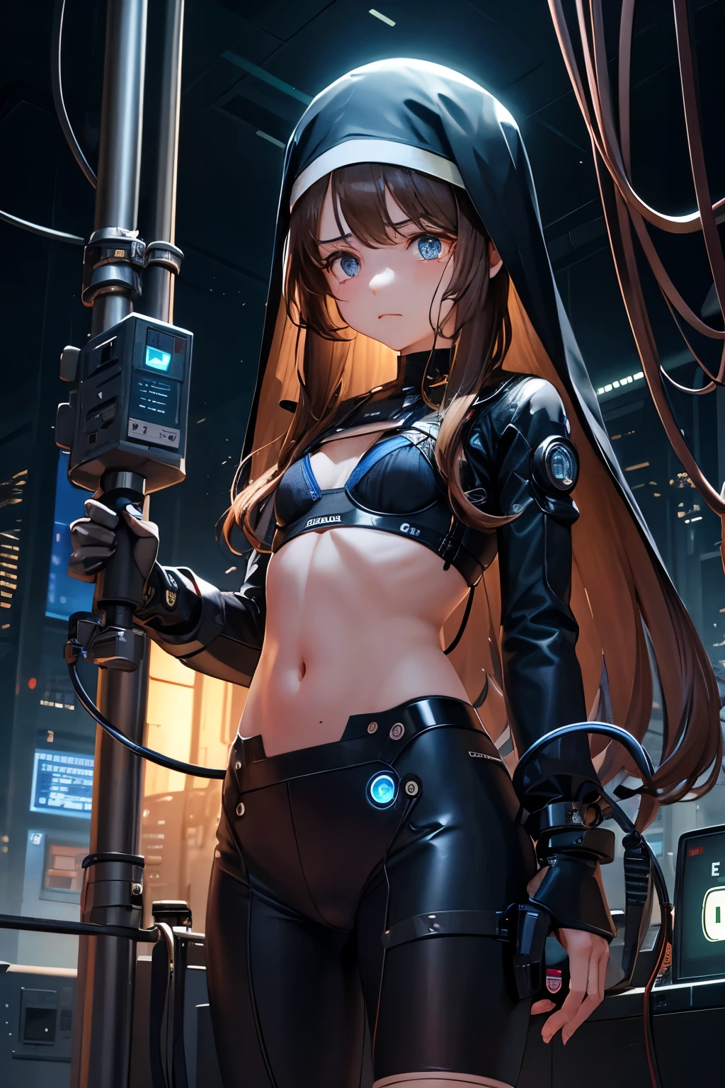 small  girl, long brown hair, sad crying face, half mechanical face mechanical jaw, cyborg arm, cyborg leg, body connected to machines, power wires, blue light , nun's , bra , hands praying . Futuristic 