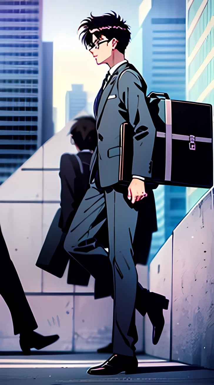 A 19 years old guy with round glasses, short hair, messy hair, hair between eyes, black hair, walking, looking ahead, side view, perfil view, grey suit, briefcase in left hand, masterpiece, 1990s style