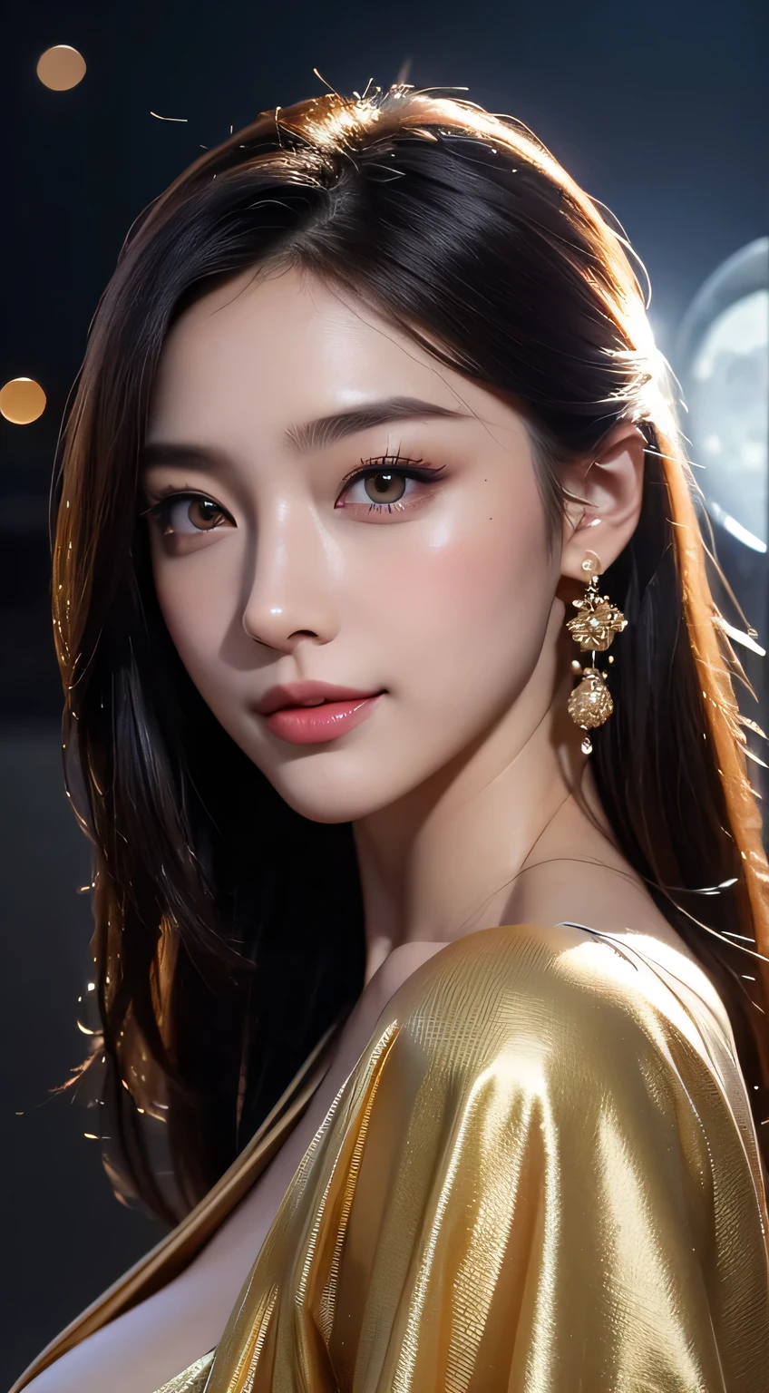 Kimono beauty, body portrait, 8k, thin and beautiful eyes, Dindal effect, masterpiece, top quality, high quality, high resolution, very detailed photo, (natural skin texture, fine skin, hyper realism, super sharpness) , high detail skin, (very fine, fine skin texture, intricate details, beautiful face, (real-like face), realistic eyes, beautifully detailed eyes, realistic skin, beautiful skin, surreal, Highly detailed, golden ratio, smiling eyes, ((night moonlight background)), body portrait, G cup, big breasts, huge breasts, big breasts, glamorous, shiny bodysuit