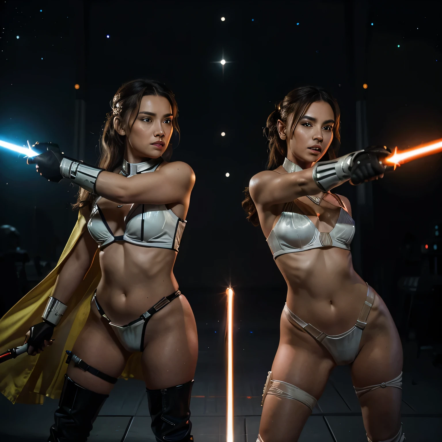 In a galaxy far, far away, amidst the backdrop of a galactic showdown, two stunning women adorned in perfect Star Wars cosplay costumes engage in an intense, forceful clash. With their perfect bodies and elegant movements, they engage in a duel of elegance, their light saber swords illuminating the space around them