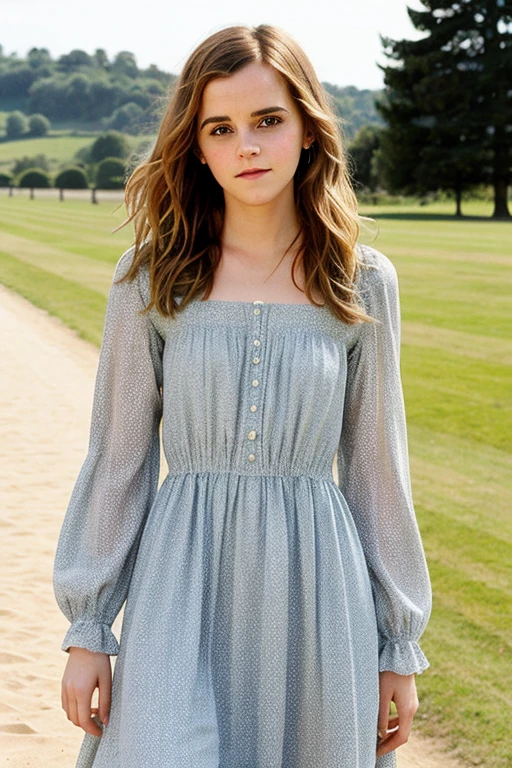 Emma watson. Long wavy hair. Soft smile. Medival dress