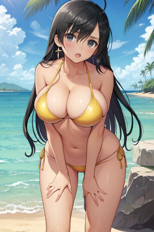 nsfw,Realistic depiction、（30-year-old woman：1.9）、Smooth and shiny texture huge bust metallic enamel gold swimsuit、Erect nipples、Camel Toe、Crouching、Squat、Overflowing sexual fluids