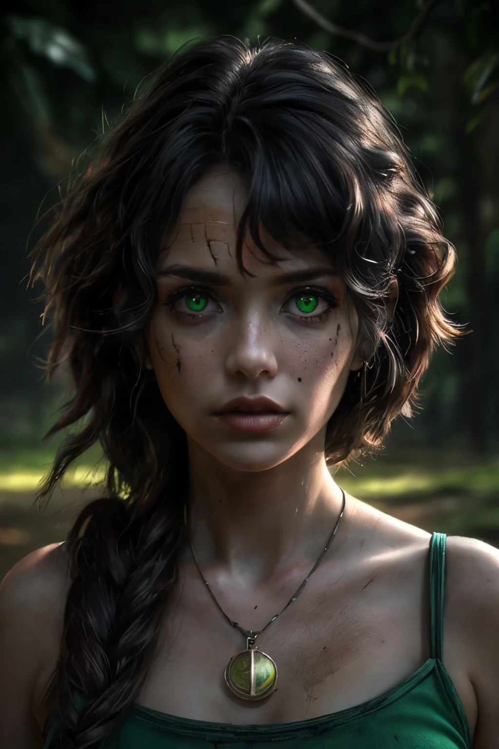 (melhor qualidade:1.4), (Incomparable masterpiece), (ultra high definition), (Ultra realista 8k CG), (fotorrealista:1.4), Cinematic Light, green eyes, dark look, dark and scary background, post apocalyptic country, survivor, hunger, old and retro place, retro, researcher, investigative pose, suspense, curly hair, curls, brown hair, tronco, colar bonito de pedra, long hair,
 