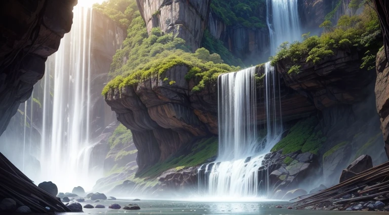 create a mystical drawing, um monge deitado, com vestes largas. em perspectiva, cachoeira caudalosa, brilhante , luz da lua, farm energy, suavidade
