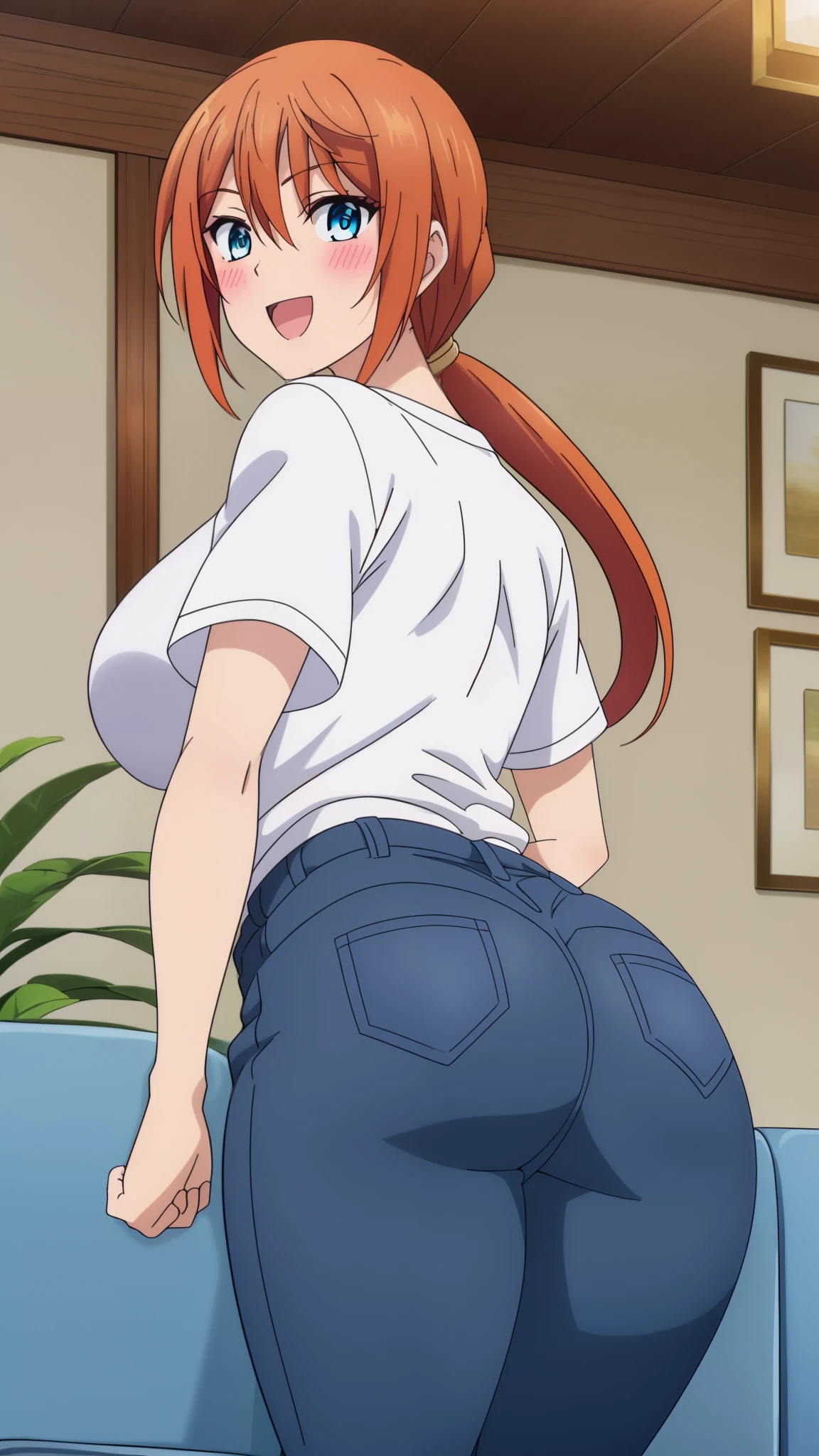 master piece, 1girl, solo, ponytail, orange hair, looking at viewer, blush, smile, open mouth, blue jeans, yellow shirt, short sleeves, blue eyes, ass, :d, looking back, breast, indoors, from behind, , couch, , mature female, long legs, ass focus,
