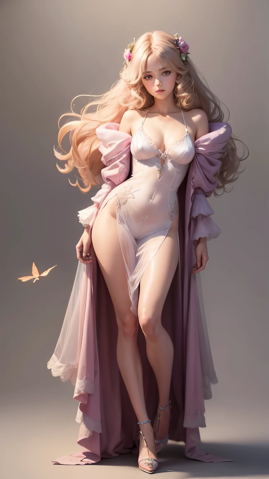 (Pieces fly),(highest quality:1.1),(Very detailed),Best illustrations,The finer details,(Portraits:1.1),(Watercolor)fluffy,1 female,alone,,slim,(Very delicate and beautiful face),(Beautiful eyes in every detail),Pink thick lips,(Messy Hair),Soft and lazy,(Simple Background:1.2)Overall background color,Transparent parts,In 4K,Full Shot,Thin legs,Pink High Heels,See-through gown,The happi coat is open
