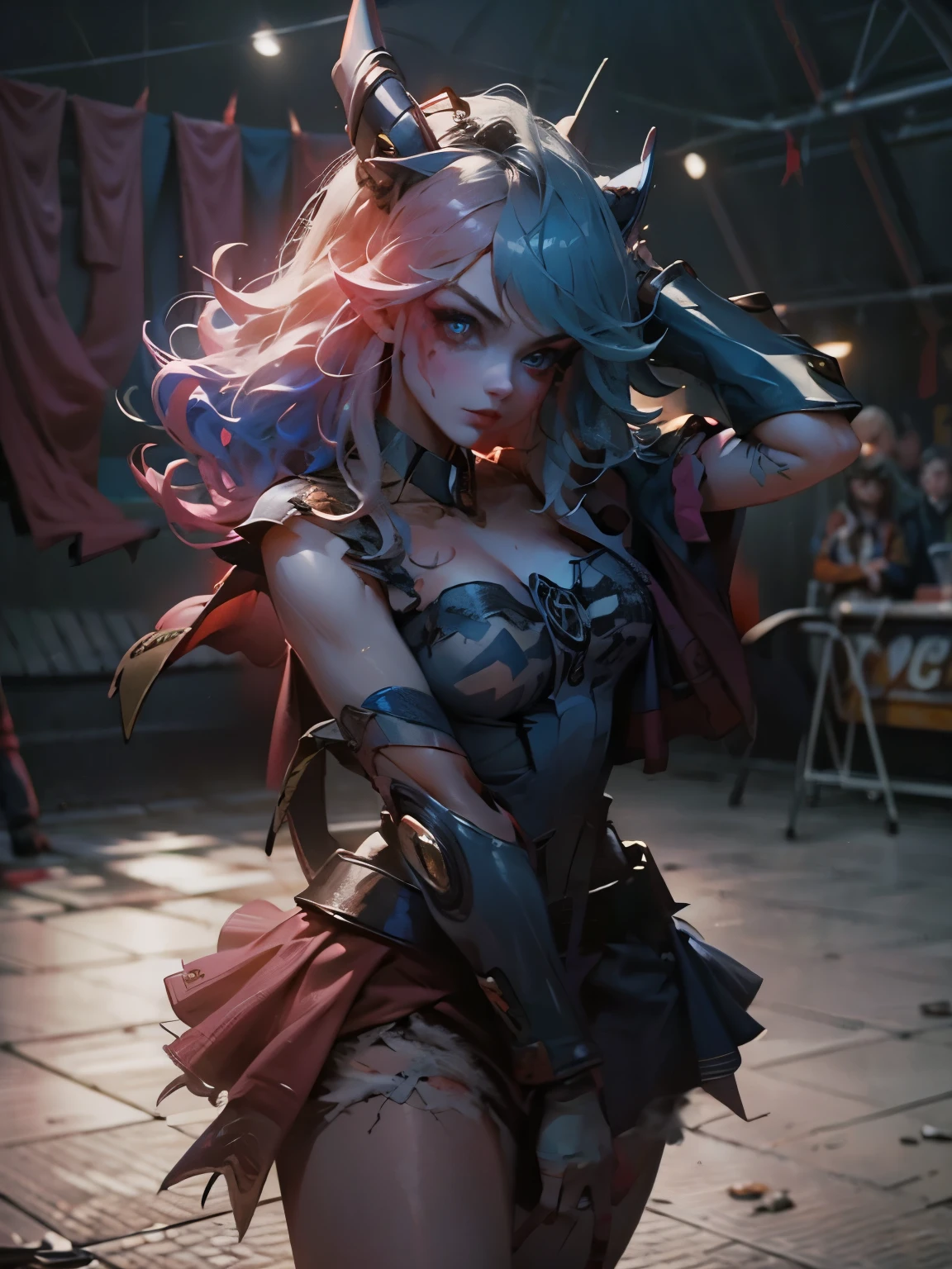 Hermosa y sensual dark magician gils vestida como Harley Quinn. pelo rojo y azul. Labios rojos. Ojos azules. Pose sensual y amenazadora. love explanation background.