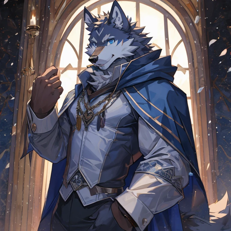 ((best quality)), ((masterpiece)), (detailed), perfect face,, wolf man, blue eyes, perfect eyes, handsome, at , tie, wolf, elegant, handsome, smiling, cloak, skinny body, white suit covering the wolf
