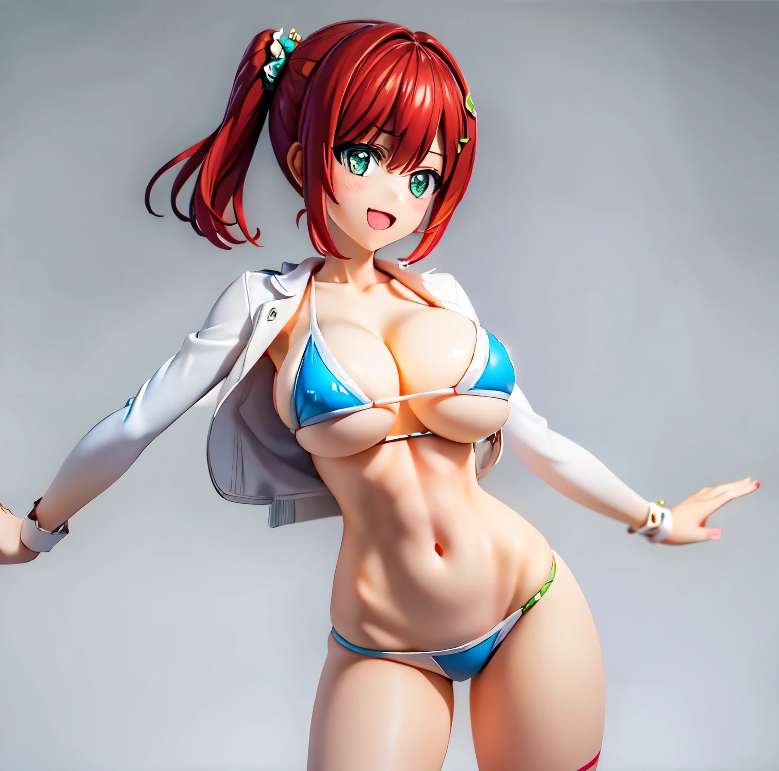 best quality, masterpiece, extremely detailed CG, official art , professional lighting, sakimiya iruka, red hair, green eyes,(one side up), medium hair, side ponytail, green scrunchie, hair ornament, shiny skin, smile, micro bikini, cameltoe, groin, wet, cowboy shot