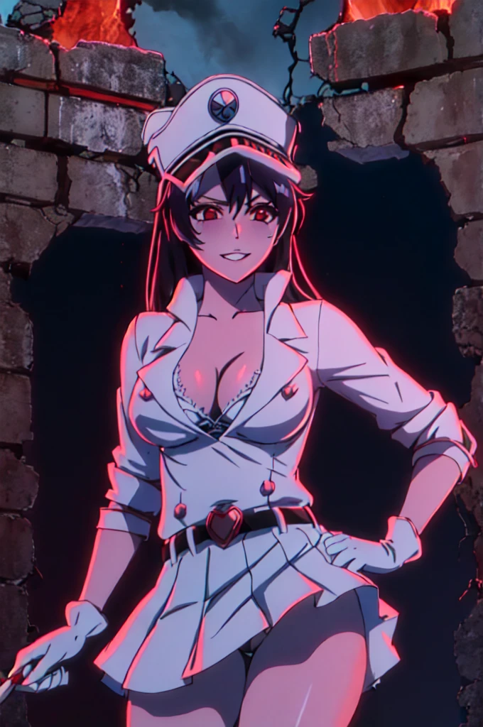 bambietta, (burned ruined city:1.2), (blush:1.2), parted lips, suggestive smile, hat, white military form, short white pleated skirt, upskirt, white gloves, masterpiece, detailed, intricate details, belt, looking at viewer, medium breasts, no bra, cleavage popping out