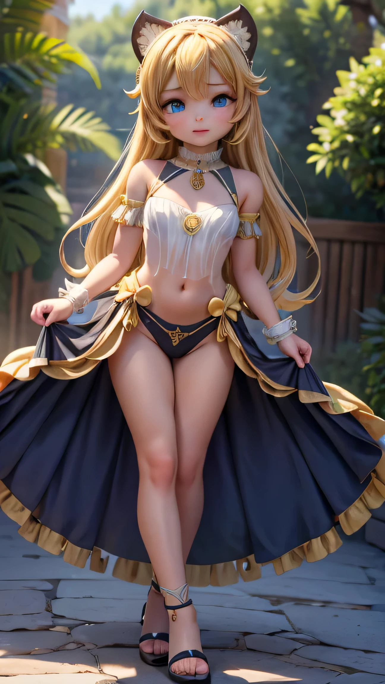 ( chica de cuerpo completo :1.7)（（la mejor calidad））， （（obra maestra））， （detalle：1.4），(beautiful 14-year-old girl:1.6),（in a panoramic view：1.2，cuerpo completoesbiano：1.2） (Piel brillante:1.2) (:1.2) Hermosa imagen Meerry Roze,, , ropa blanca lisa ,  beautiful succubus (ropa transparente :1.2), tocado en forma de gato, con cabello rubio con cola de caballo, blue eyes,, cola de gato, joyas, pendientes ,constituir, rubor cara delicada, mano correcta , medias, sandalias de tiras ,Beautiful and detalleed HEELS , Wallaper,, hermoso estilo , giving you a glimpse of the contours of her skin and breasts （La mejor calidad con el mejor alto nivel de detalle.，obra maestra，arte oficial，movie light effect，4k)
