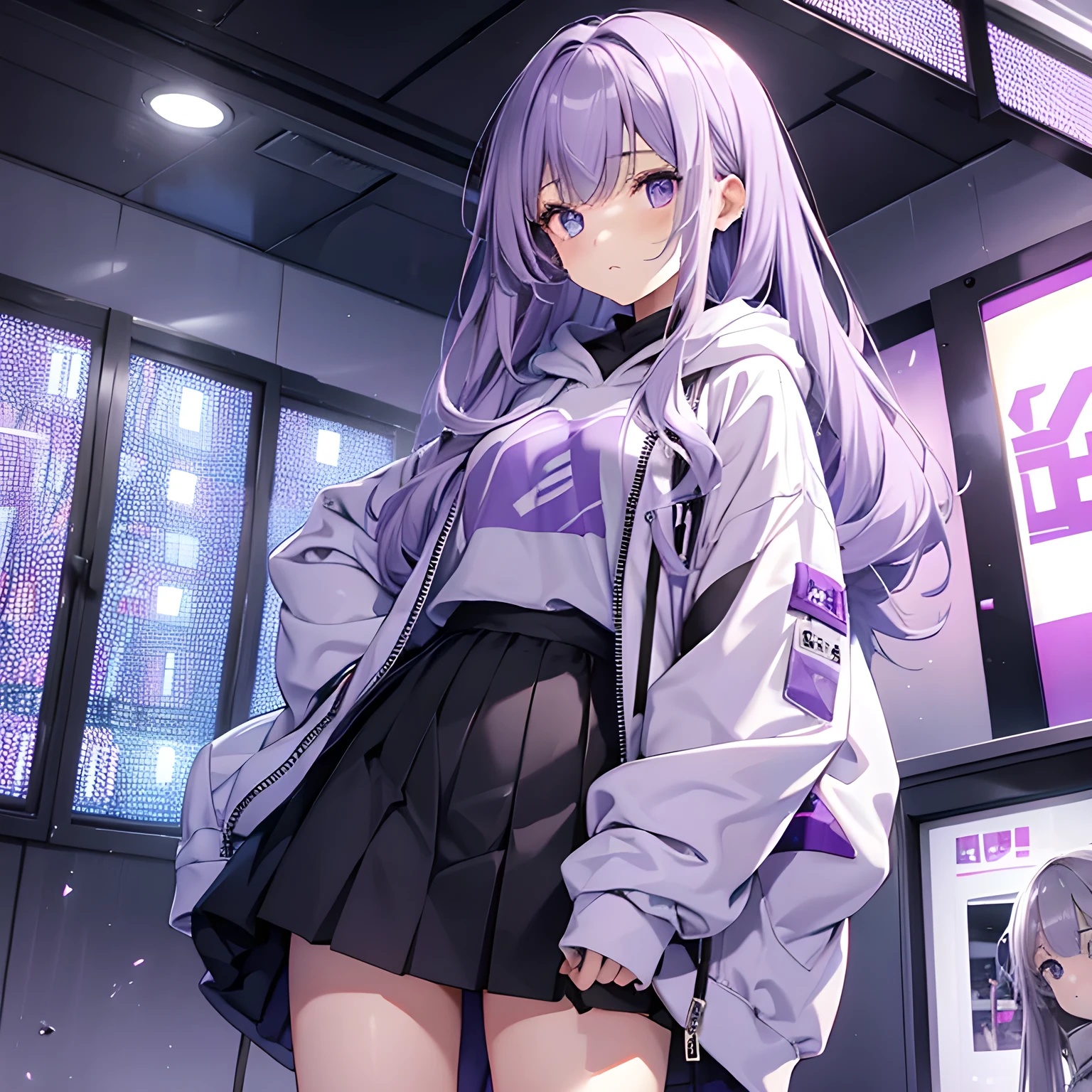Teenage girl, dull lilac hair, long hair, dull lilac eyes, dull lilac hoodie, black skirt, long skirt