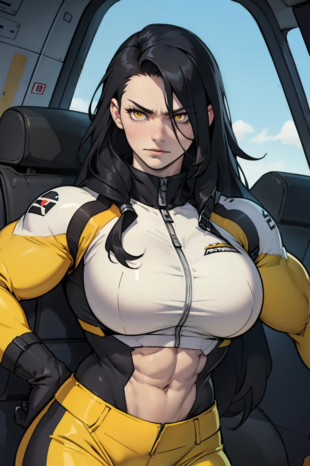 1 girl, black hair, yellow eyes, very long hair, pale skin, ((((extremely muscular)))), large breasts, (confident expression), pilot suit, close up