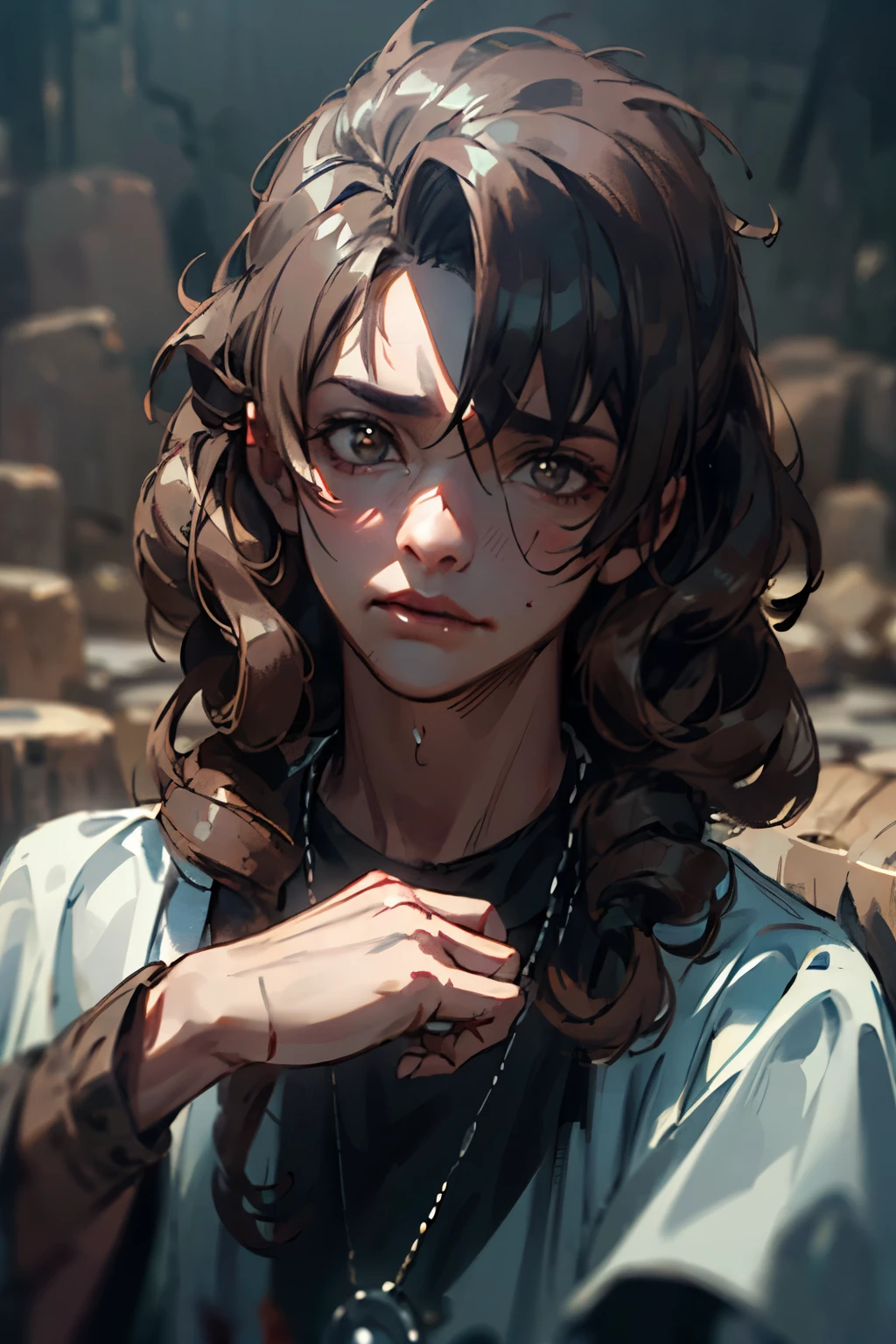 (melhor qualidade:1.4), (Incomparable masterpiece), (ultra high definition), (Ultra realista 8k CG), (fotorrealista:1.4), Cinematic Light, gray eyes, dark look, dark and scary background, post apocalyptic country, survivor, hunger, old and retro place, retro, researcher, investigative pose, suspense, curly hair, curls, brown hair, tronco, colar bonito de pedra, long hair, pequenas manchas de sangue no rosto, pele marrom,
 
