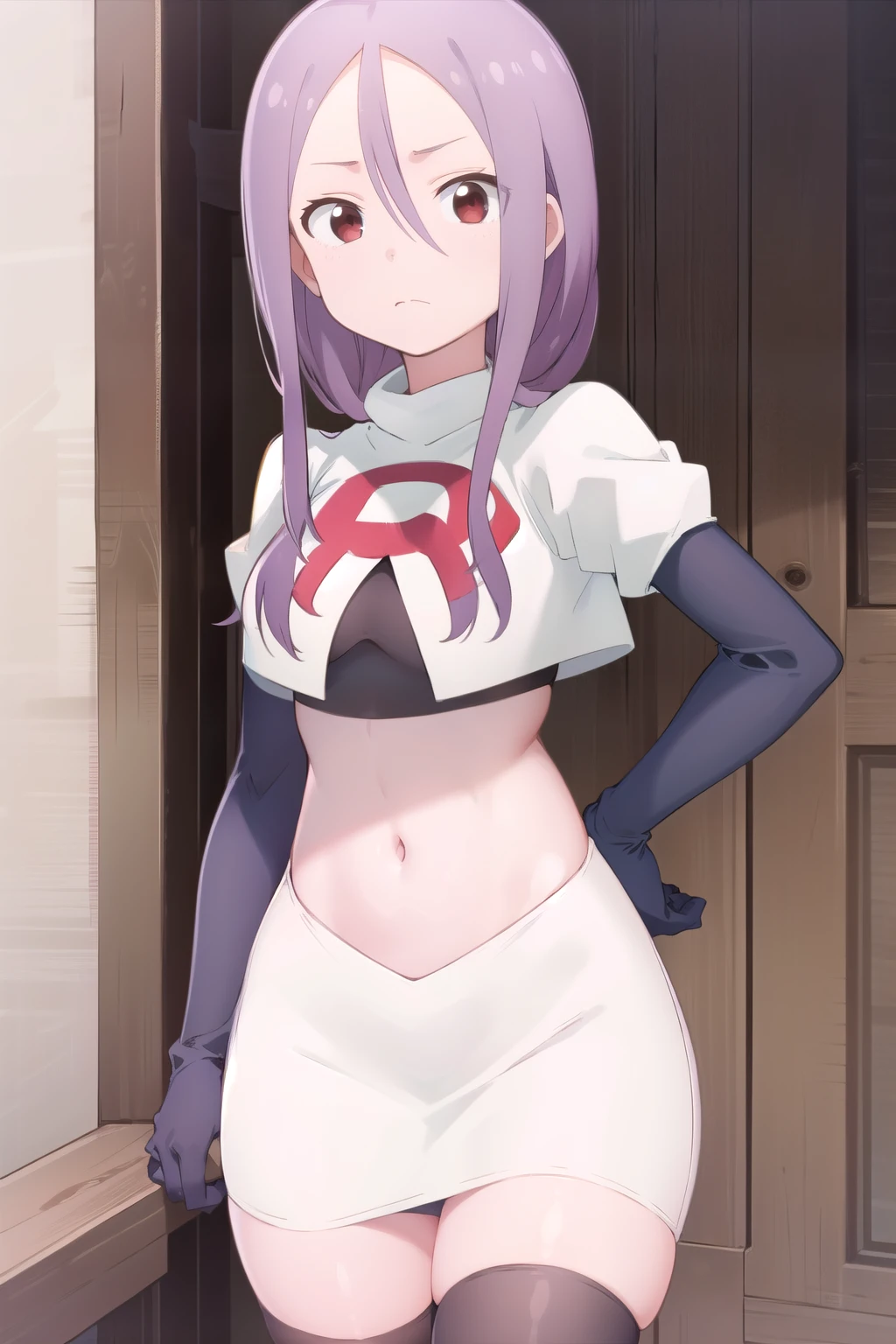 solo, 1girl, looking at viewer, 2D, anime, anime coloring, team rocket,team rocket uniform,white skirt,red letter R,crop top,black thigh-highs,black elbow gloves, urushi yaotome, , looking at viewer