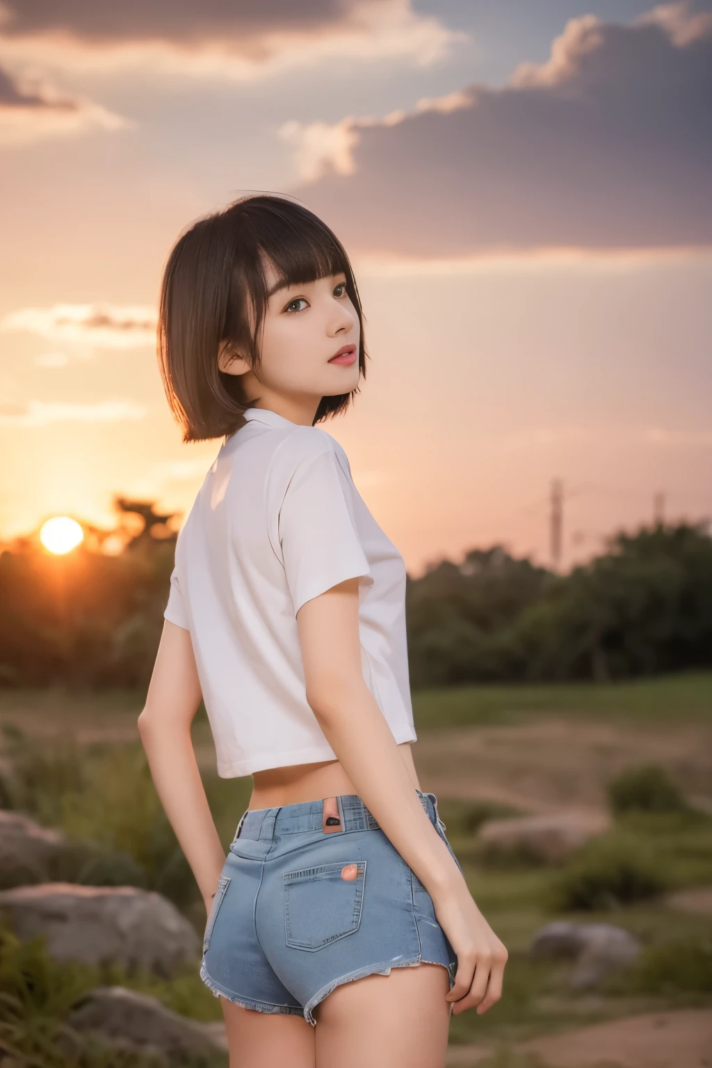 (masterpiece、high resolution、high quality)、The perfect and real Japanese、boyish、Short Hair、bangs、Black Hair、double eyelid、Beautiful eyes、Perfect Anatomy、Beautiful limbs、Beautiful Skin、shirt、Shorts、Big Ass:1.5、Cool pose、Outdoor、sunset、gravure、