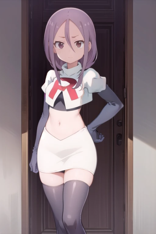 solo, 1girl, looking at viewer, 2D, anime, anime coloring, team rocket,team rocket uniform,white skirt,red letter R,crop top,black thigh-highs,black elbow gloves, urushi yaotome, , looking at viewer