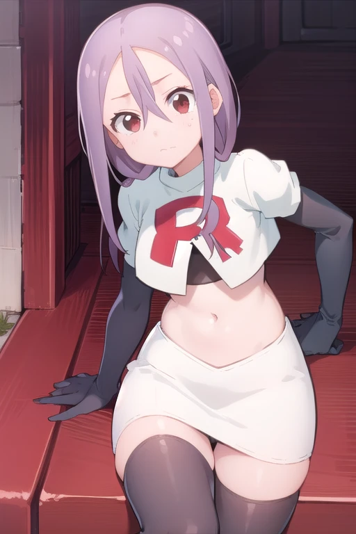 solo, 1girl, looking at viewer, 2D, anime, anime coloring, team rocket,team rocket uniform,white skirt,red letter R,crop top,black thigh-highs,black elbow gloves, urushi yaotome, , looking at viewer